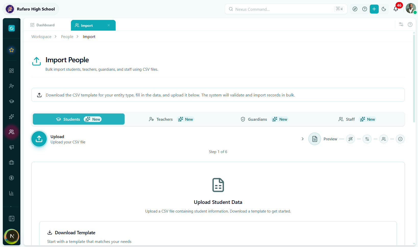 Import People page with Students tab active