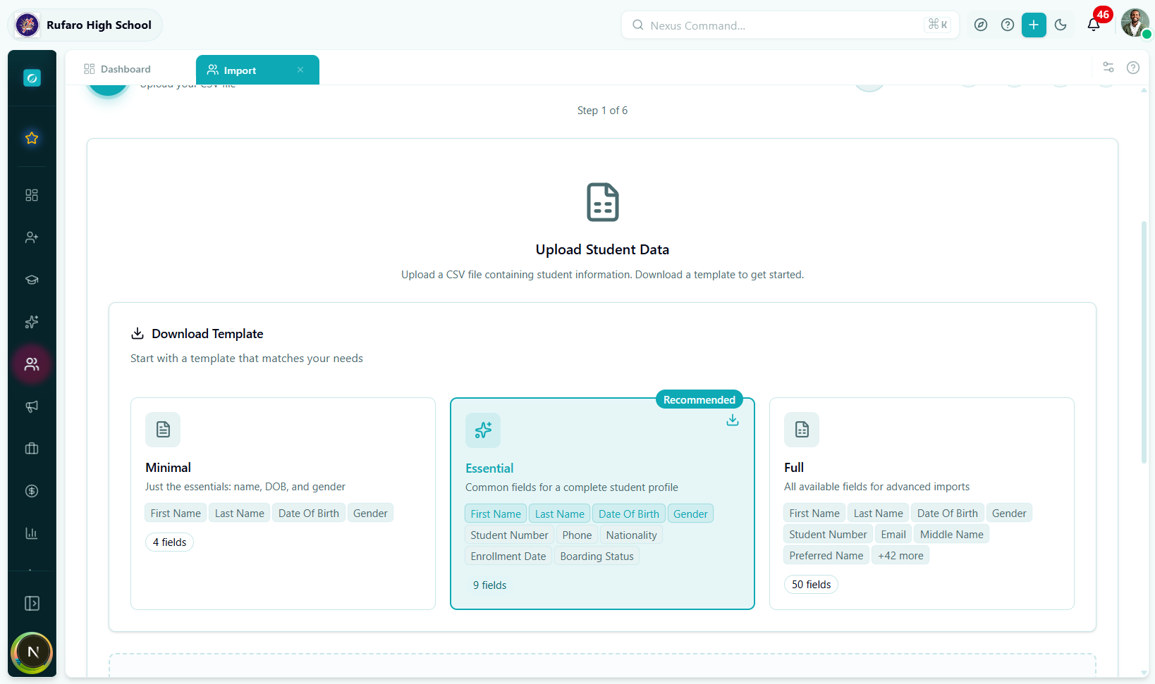 Upload step — template download cards (Minimal, Essential, Full)