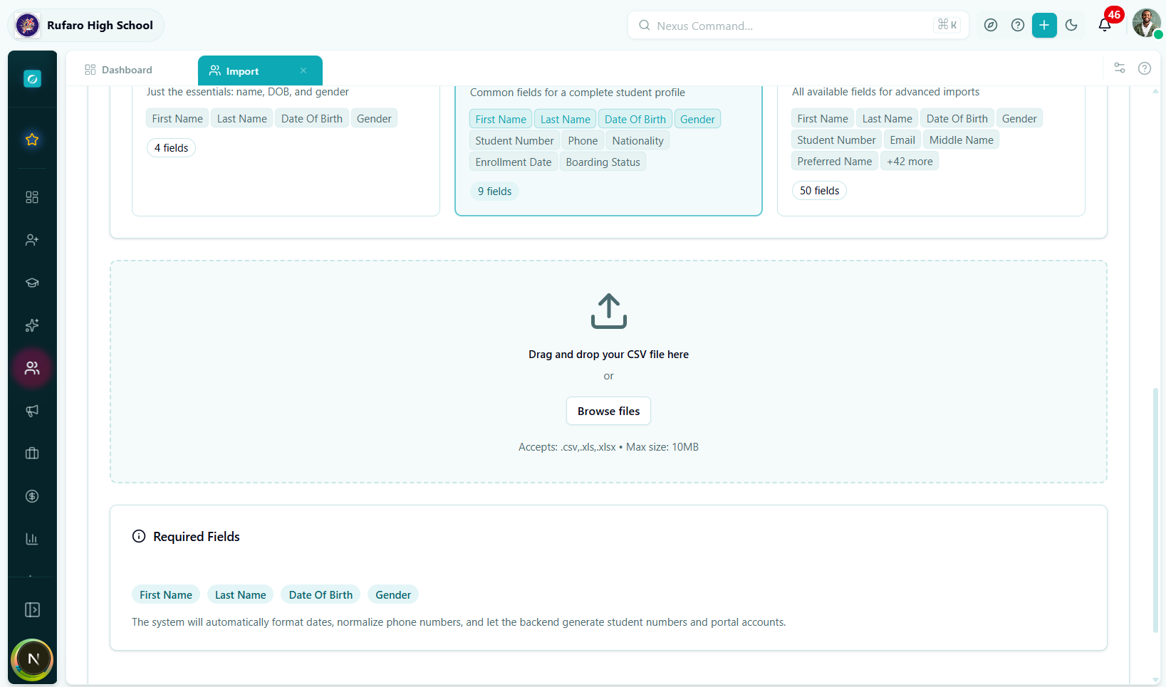 Upload dropzone with Browse files button and required fields checklist
