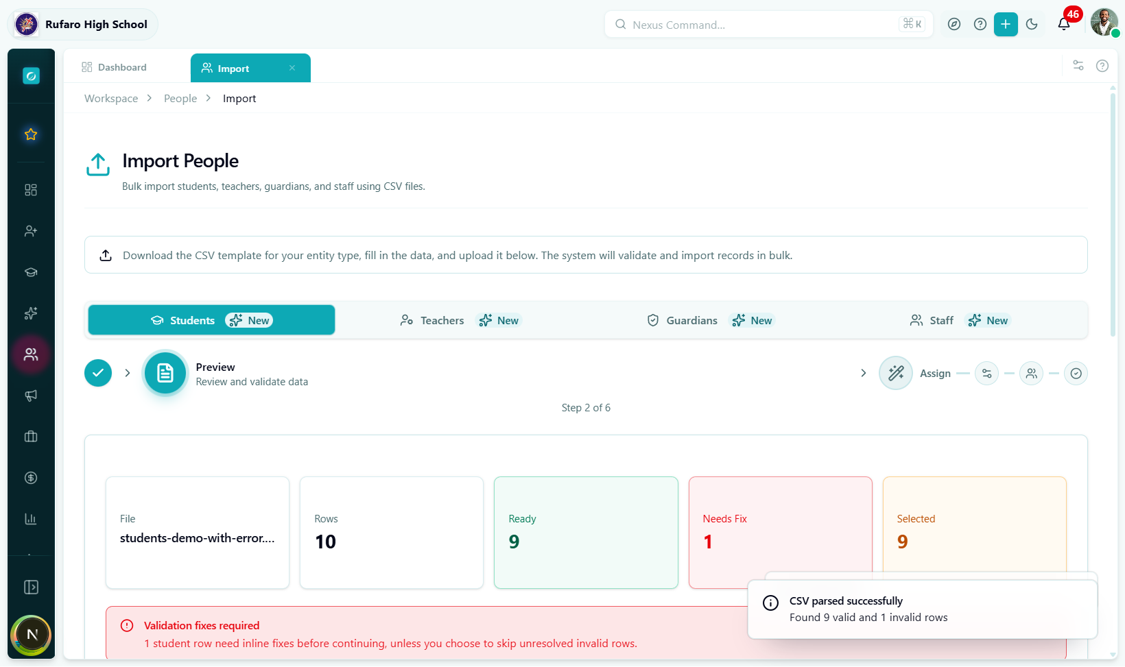 After upload: Step 2 Preview with 10 rows, 9 Ready and 1 Needs Fix
