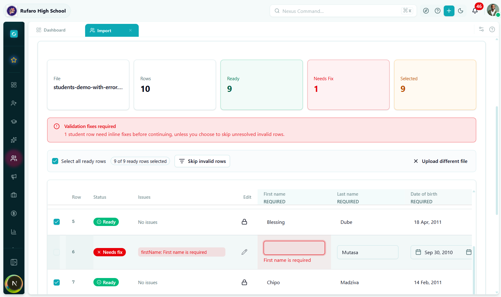 Inline edit active in the empty firstName cell — "First name is required" shown below