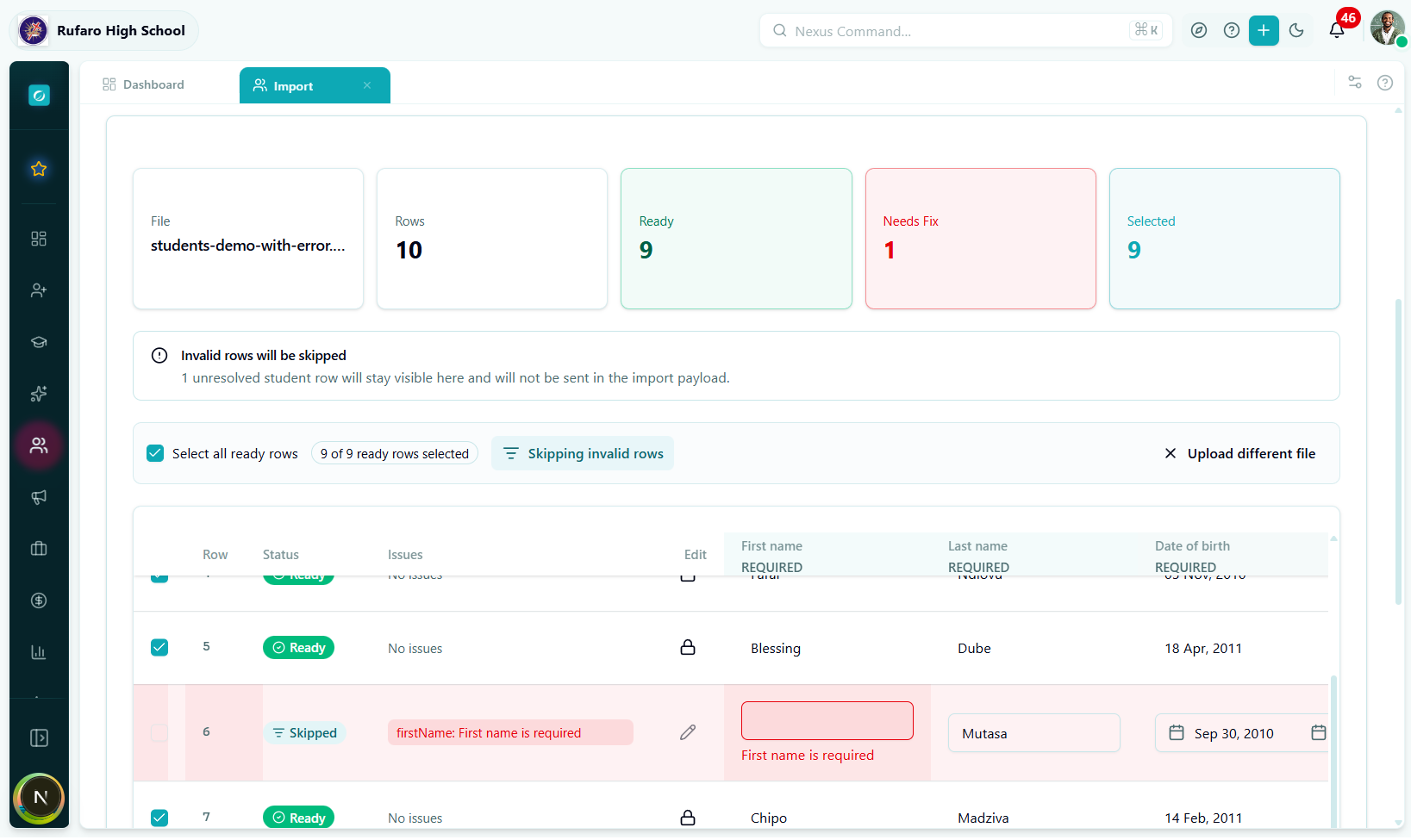 "Skipping invalid rows" toggle active — row 6 shows "Skipped" badge