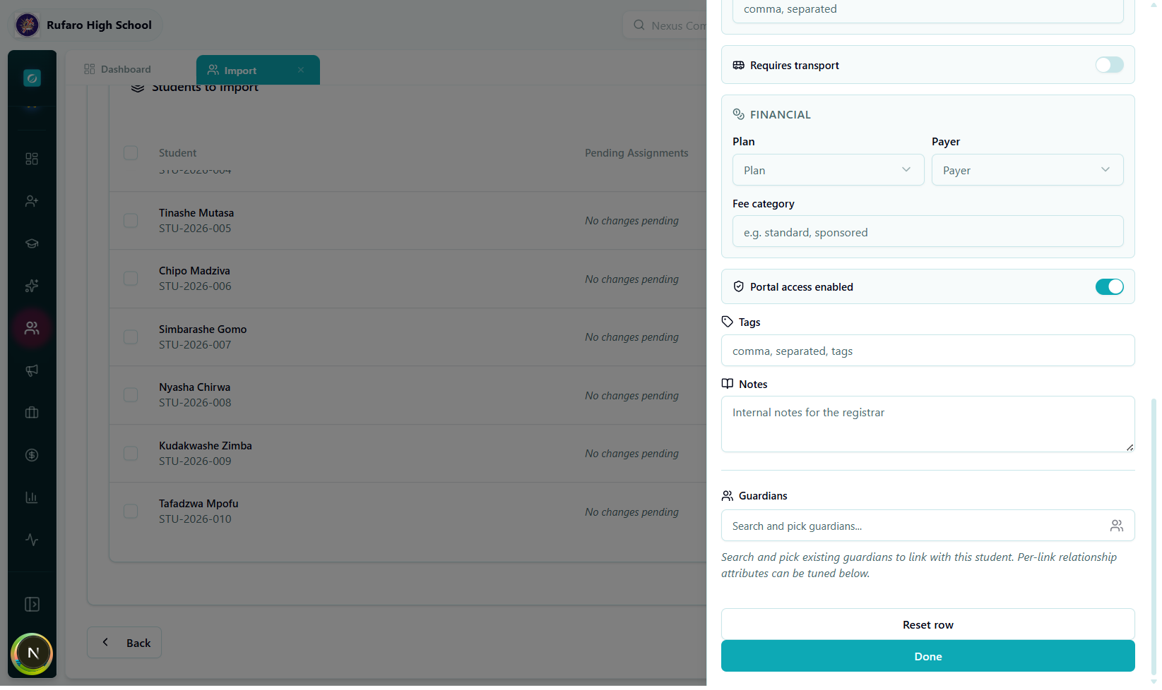 Per-student panel scrolled to Guardian Linking — search and pick guardians