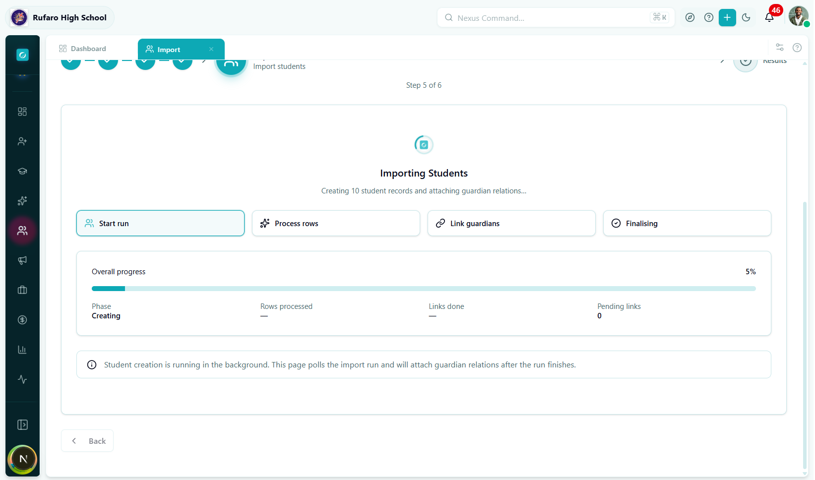 Step 5 Import — live progress bar at 30%, Phase: Running, 5 of 10 rows processed