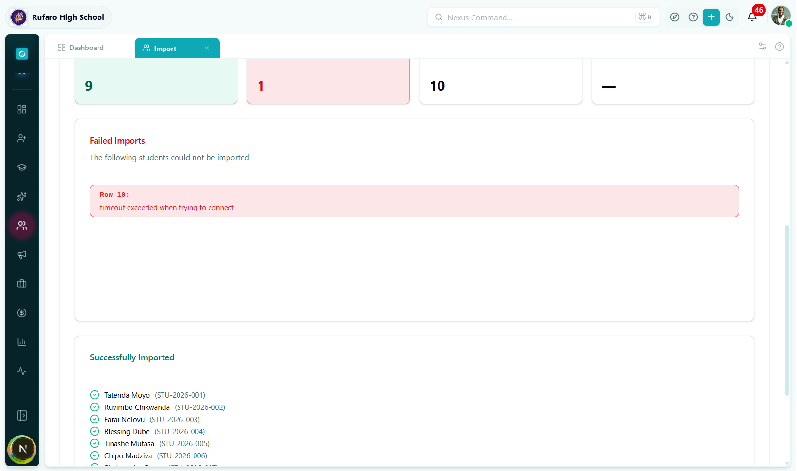 Results detail — Failed Imports section showing Row 10 timeout error, Successfully Imported list with student names and IDs