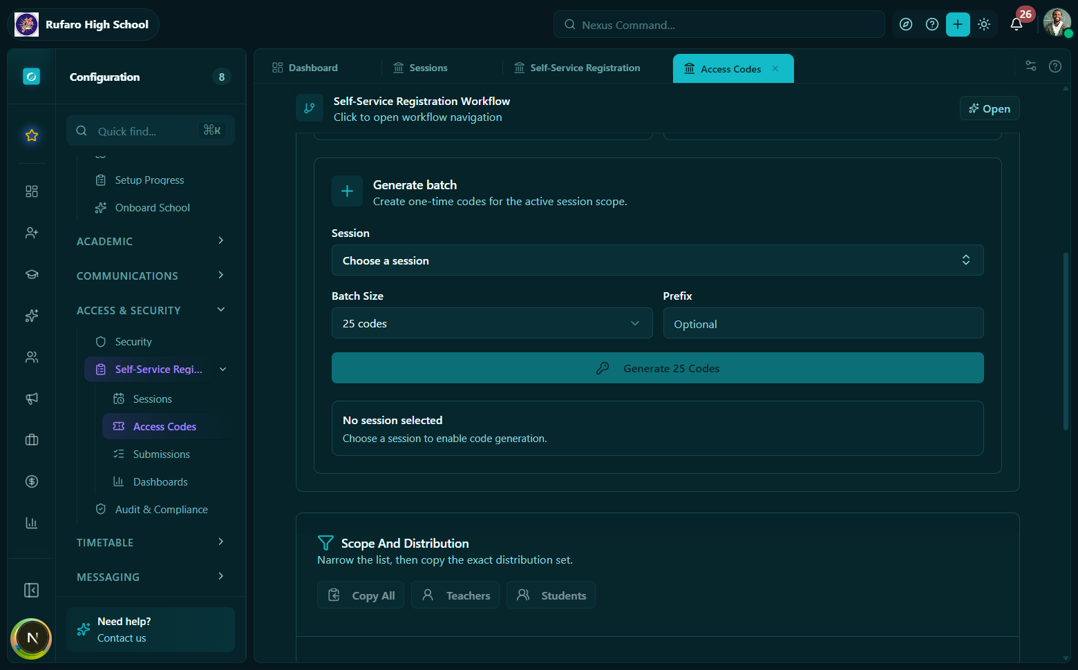 Generate codes panel showing count, format, delivery method, and roster assignment toggle