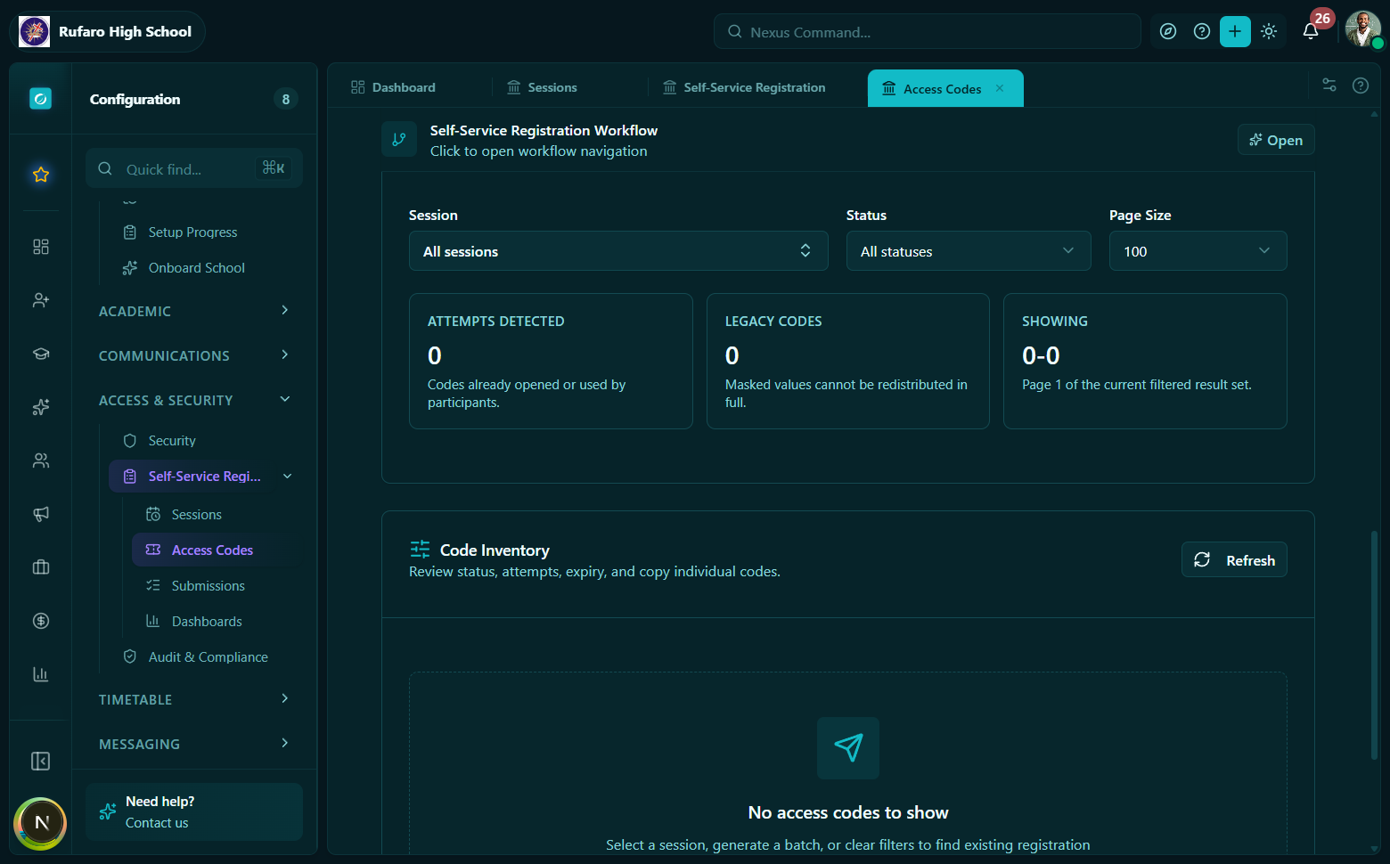 Access codes list showing code last-4, status badge, participant assignment, and timestamps