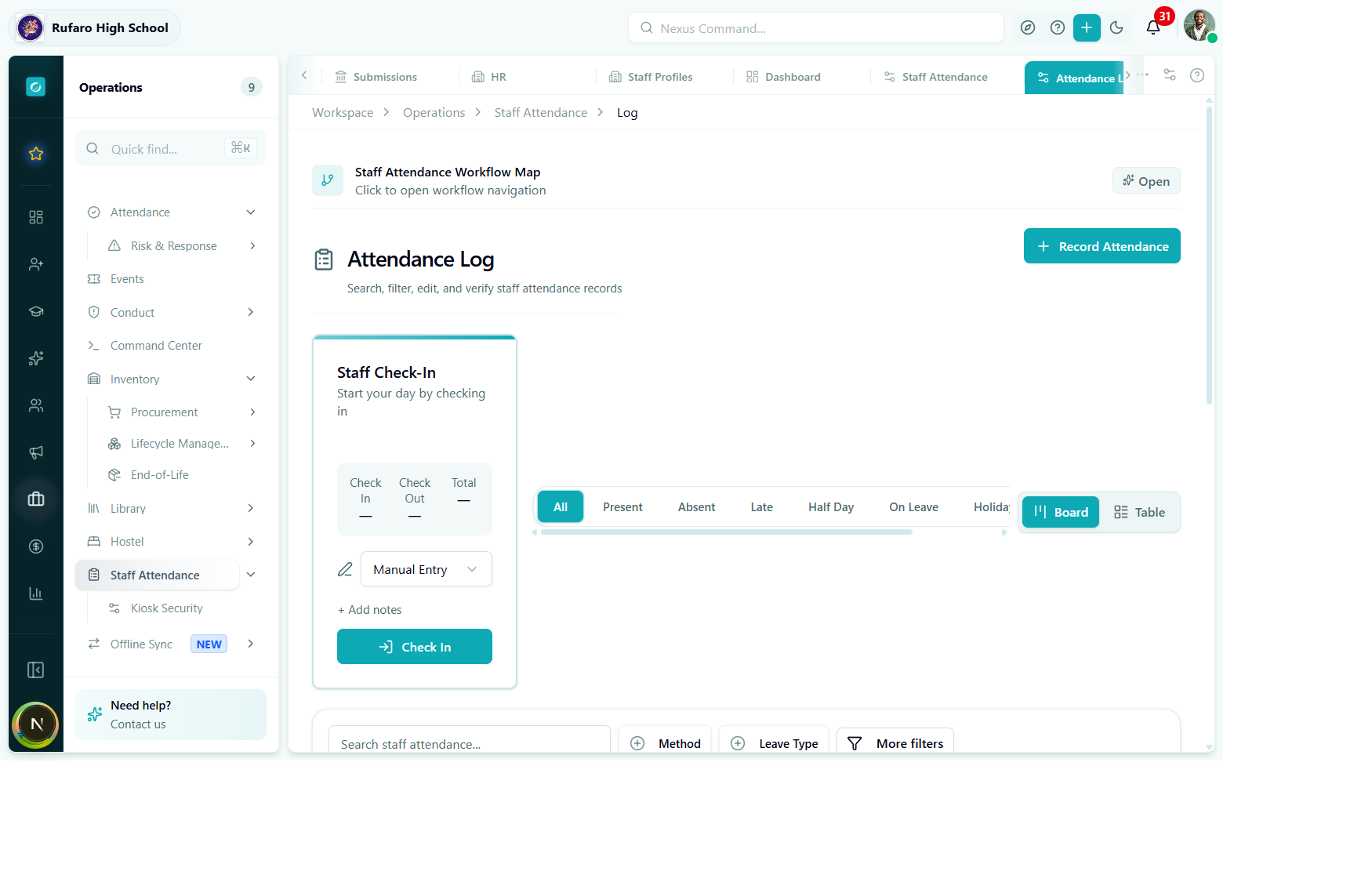 Attendance Log page showing the Staff Check-In self-service card, the status filter tabs (All, Present, Absent, Late…), Board/Table view toggle, search bar, Method and Leave Type filter buttons, and More filters
