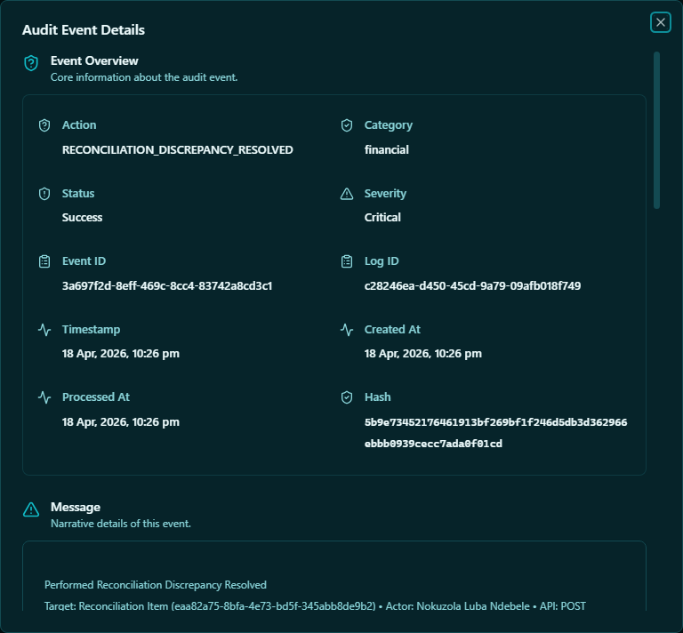 Finance Audit Trail — expanded entry showing event details, user, resource type, and before/after diff