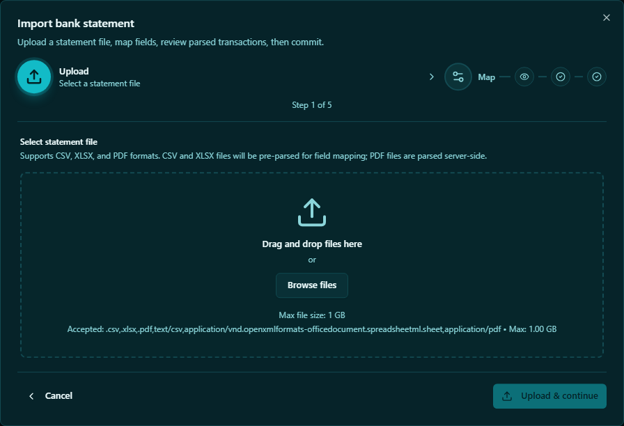 Import bank statement dialog showing bank account selector, file upload, and format options