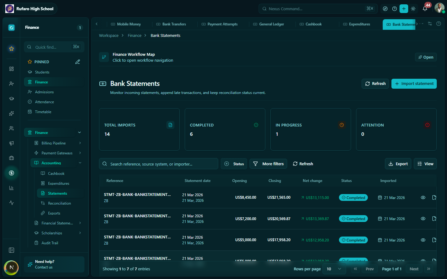 Bank Statements page showing imported statements with period, credits, debits, matched and unmatched entries