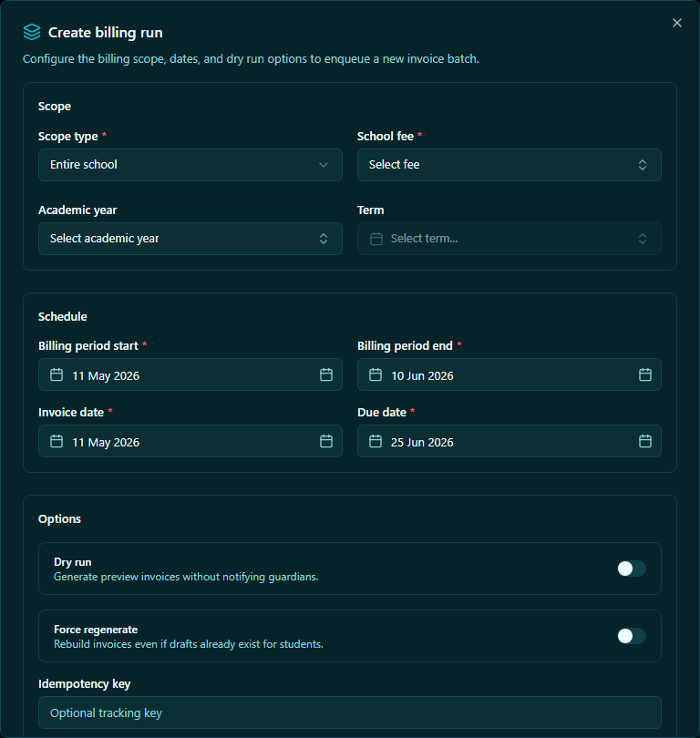 Billing Runs — create new billing run