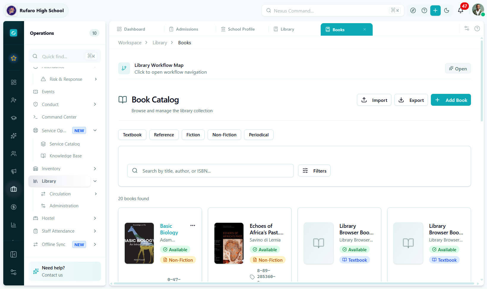 Books catalog page showing a search bar, Add Book button, filter chips for category and format, and a grid of book cards with cover images, titles, authors, category badges, and copy availability counts