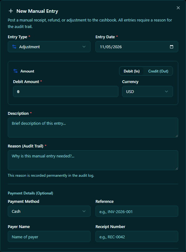 New cashbook entry dialog showing type, date, description, amount, and GL account fields