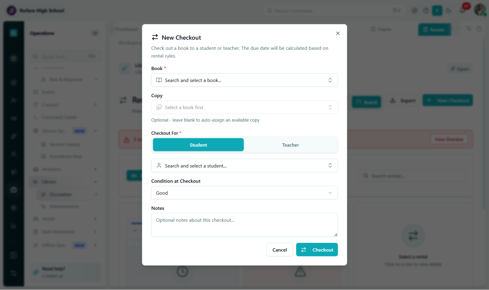 New Checkout dialog showing a book selected (The Great Gatsby), the Student tab active with a student search result selected, a copy auto-selected, Condition at Checkout set to Good, Due Date showing 14 days from today, and a Notes field