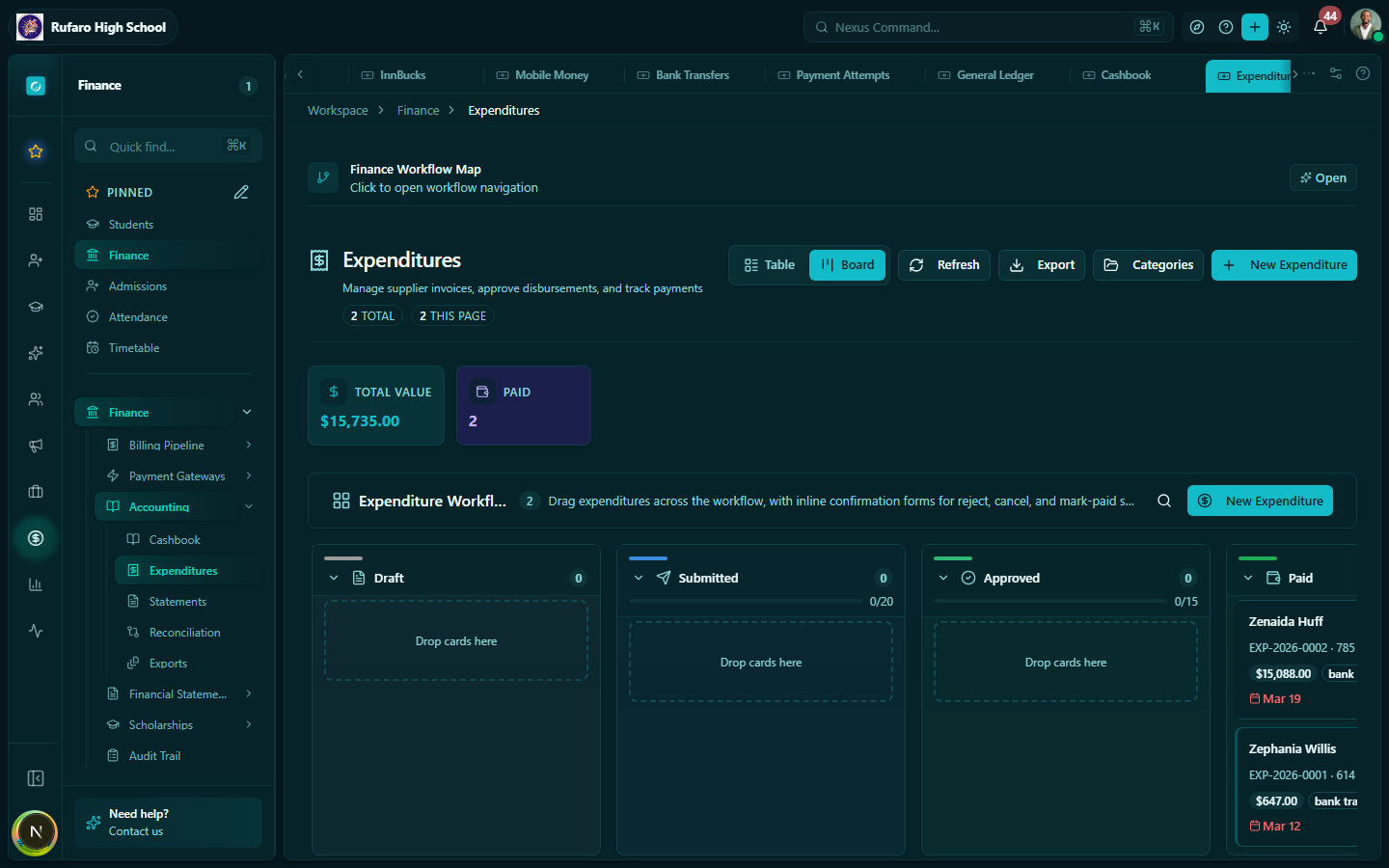 Expenditures page showing list with supplier, description, amount, category, status, and date