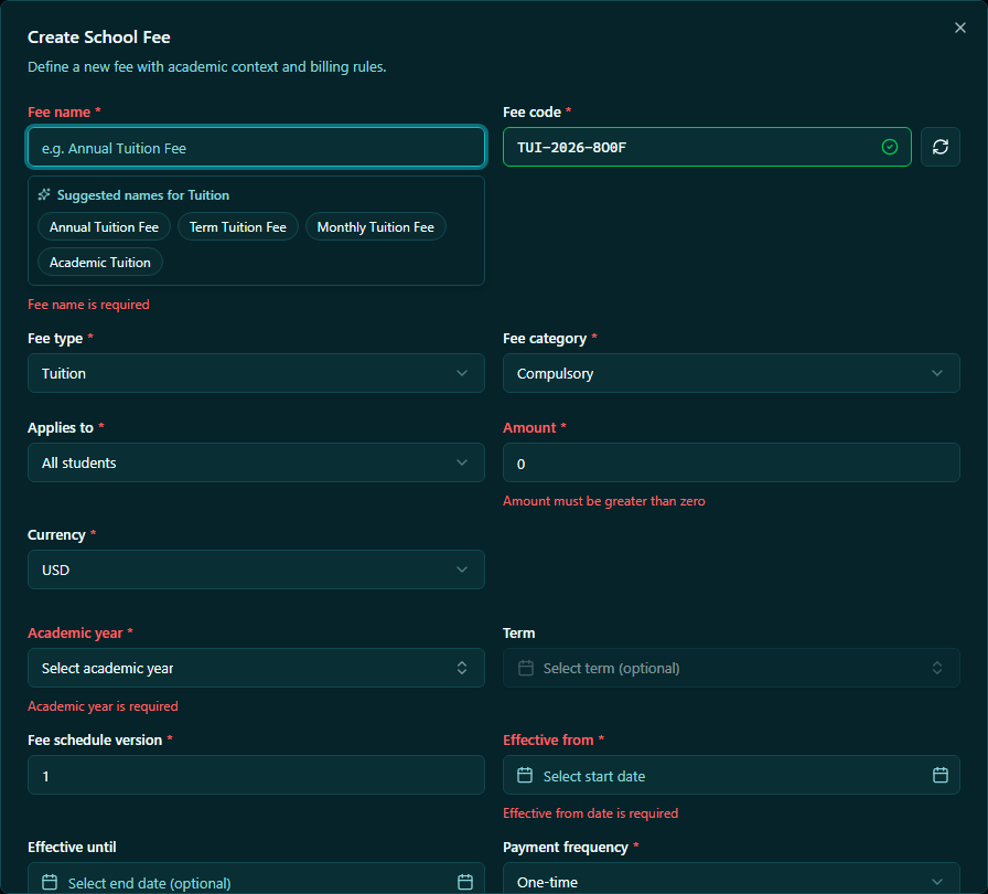 Fee Structures — New Fee dialog and data table