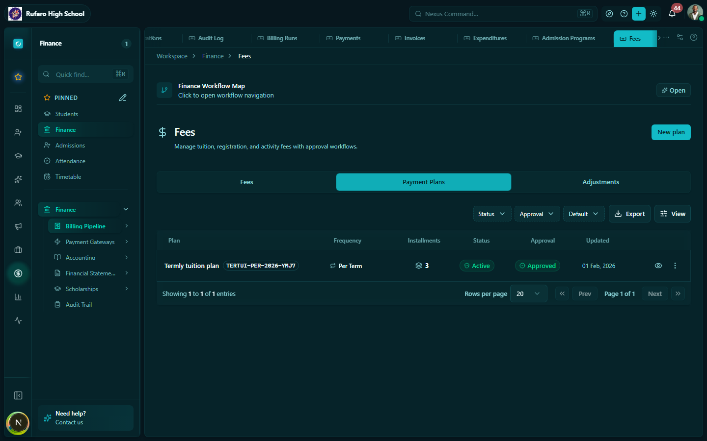 Fee Structures — Payment Plans tab