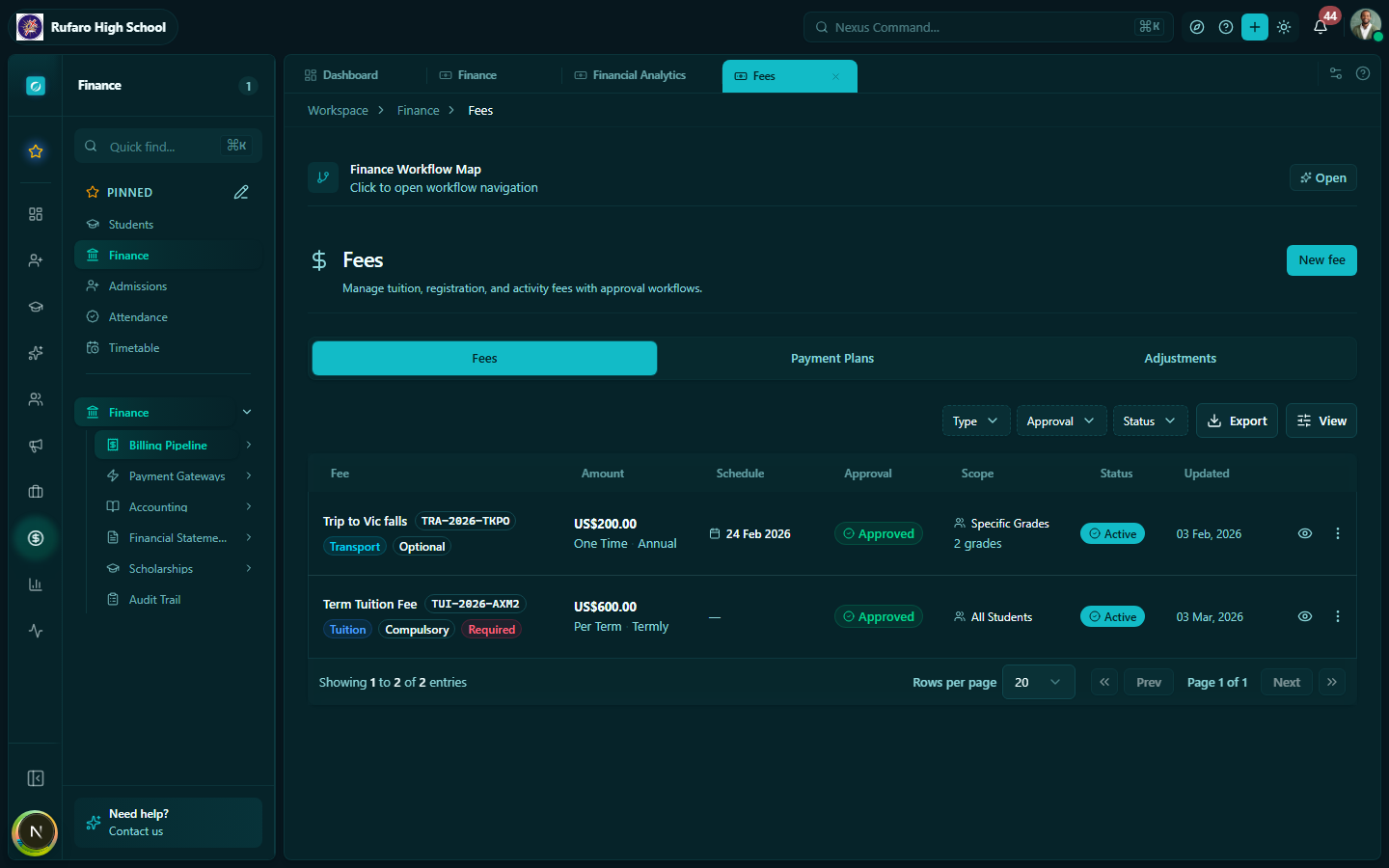 Fee Structures page showing the list of fees with type, amount, schedule, approval status, scope, and status toggle