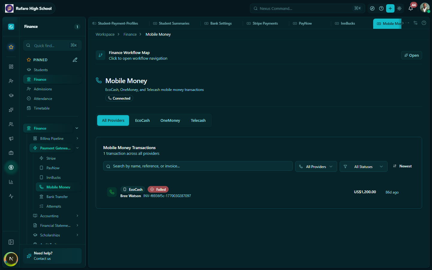 Mobile Money gateway page showing EcoCash, OneMoney, and Telecash configuration cards