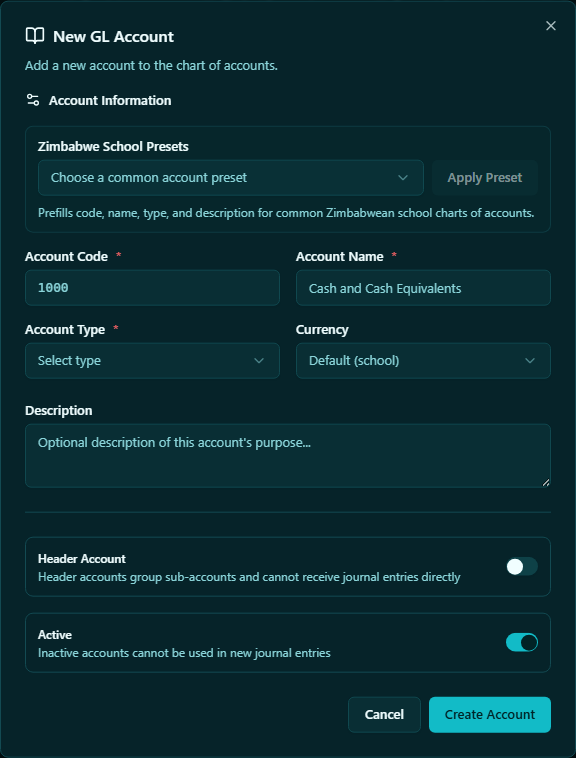 New GL account dialog showing account type, code, name, and parent account fields