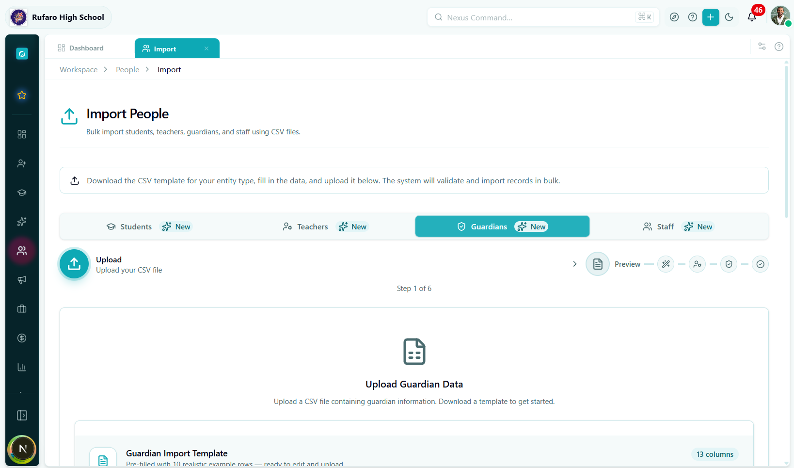 People › Import page with the Guardians tab active, showing the guardian import wizard entry screen.