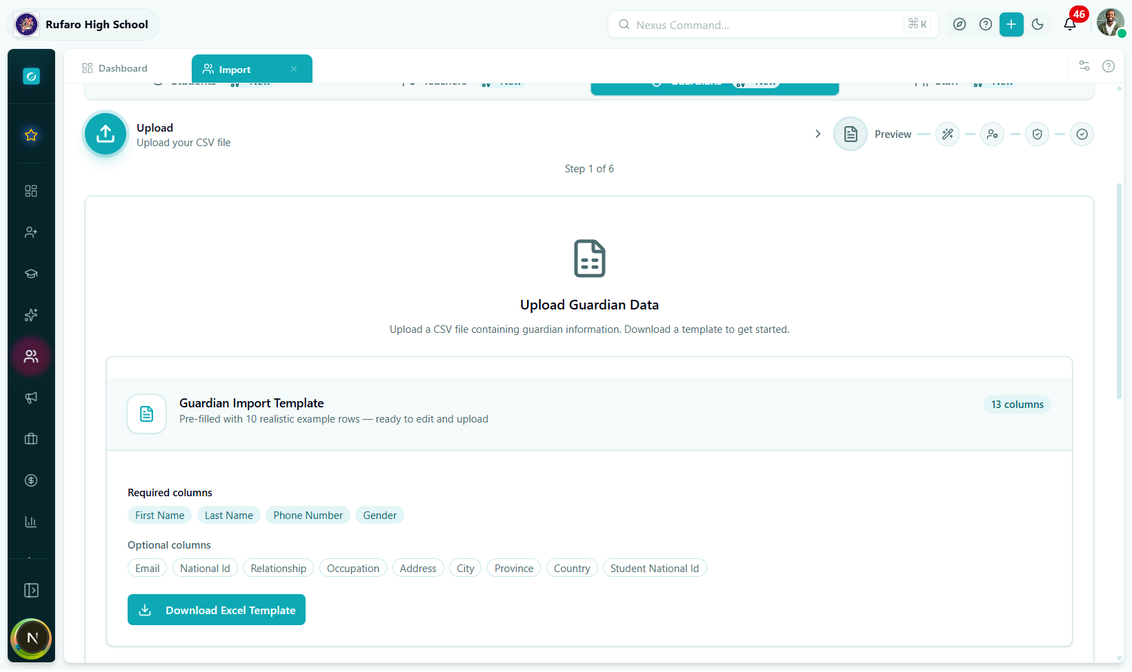 Upload step for guardian import, showing "Download Template" button and the drag-drop upload zone.