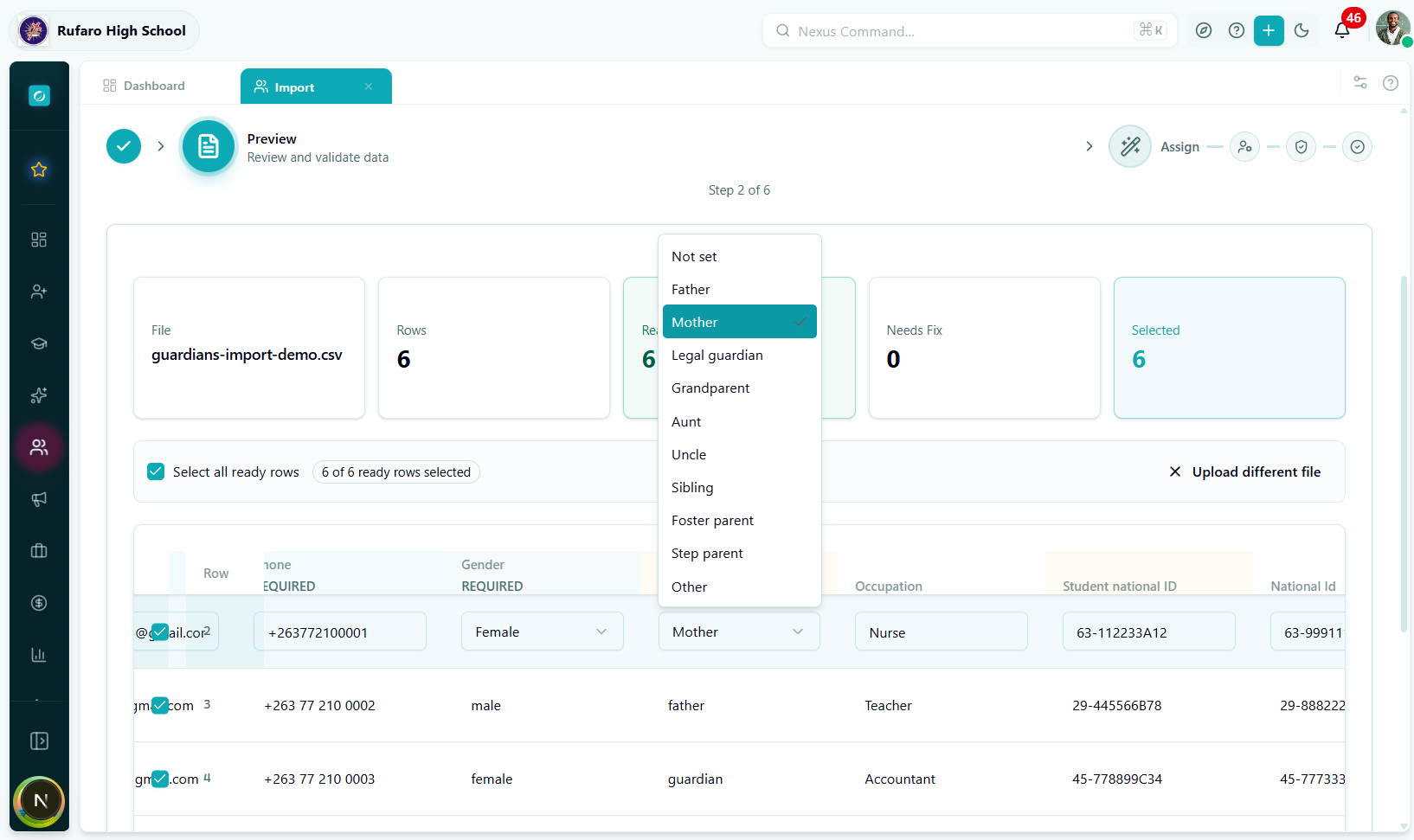 The "relationship" cell being edited, showing a dropdown with options: father, mother, stepfather, stepmother, grandfather, grandmother, legal_guardian, and more.