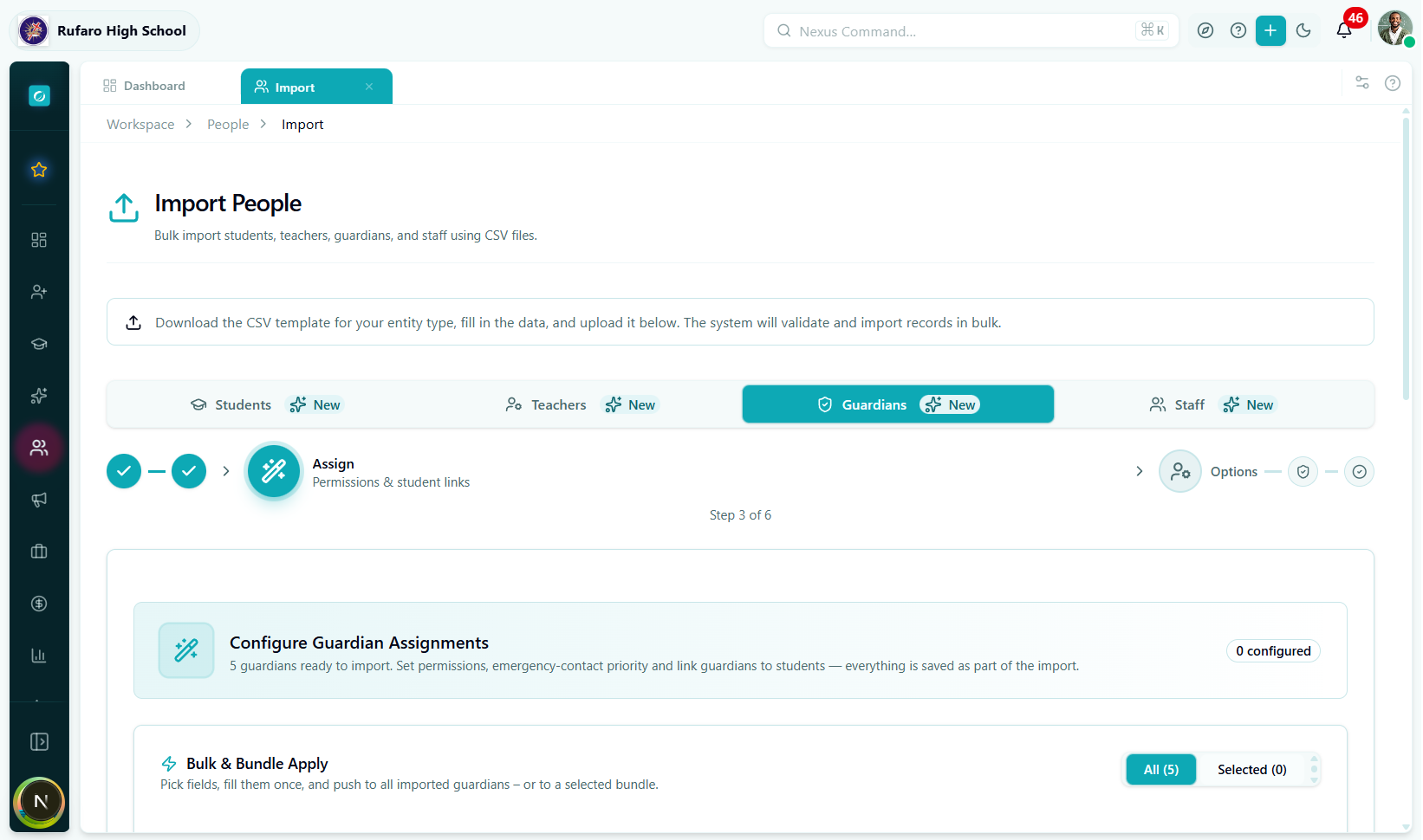Assign step showing guardian names on the left. The first guardian is expanded with sections: Profile Details, Address, Student Linking.