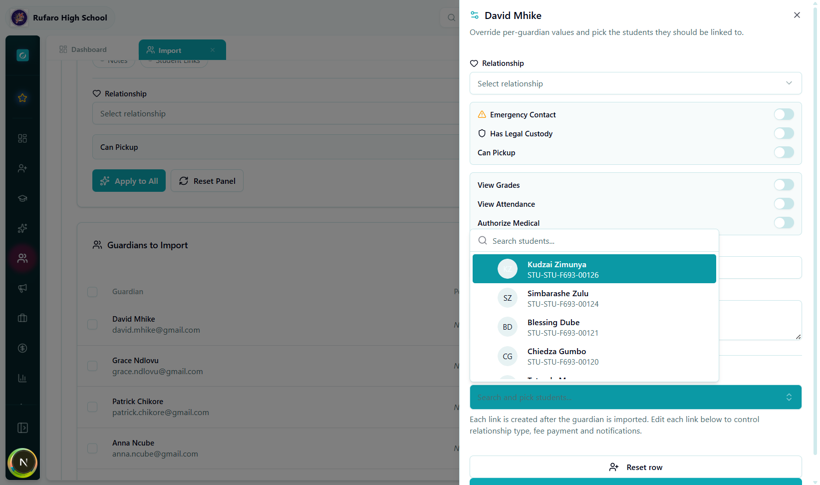 Student linking section showing a "Search student" combobox. A linked student "Tatenda Moyo – Grade 8" is shown with a relationship card below it.