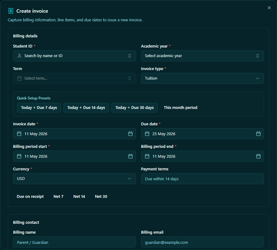 New invoice creation dialog showing student, fee structure, and date fields