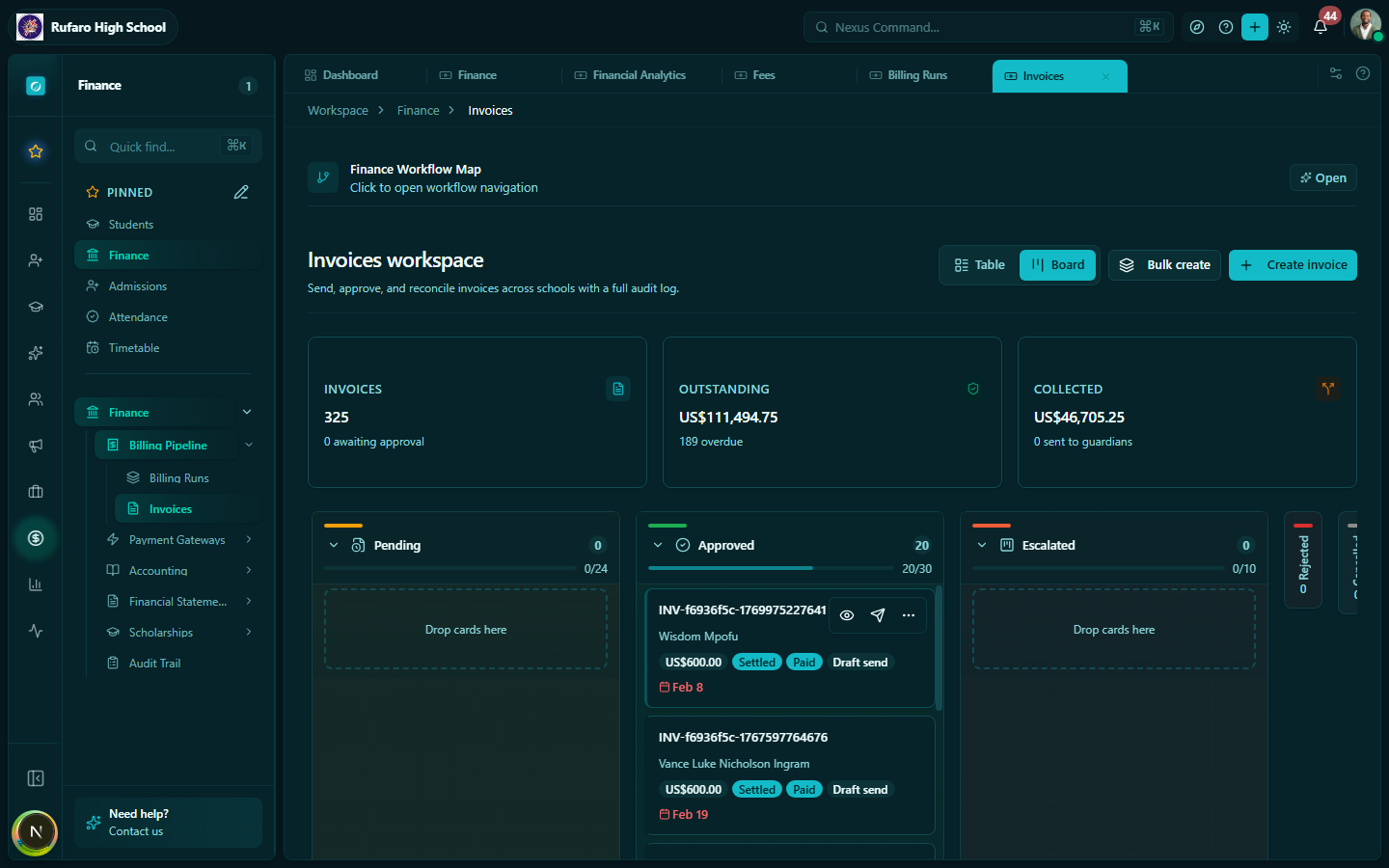 Invoices page showing the list with invoice number, student, fee, amount, balance, status, and due date