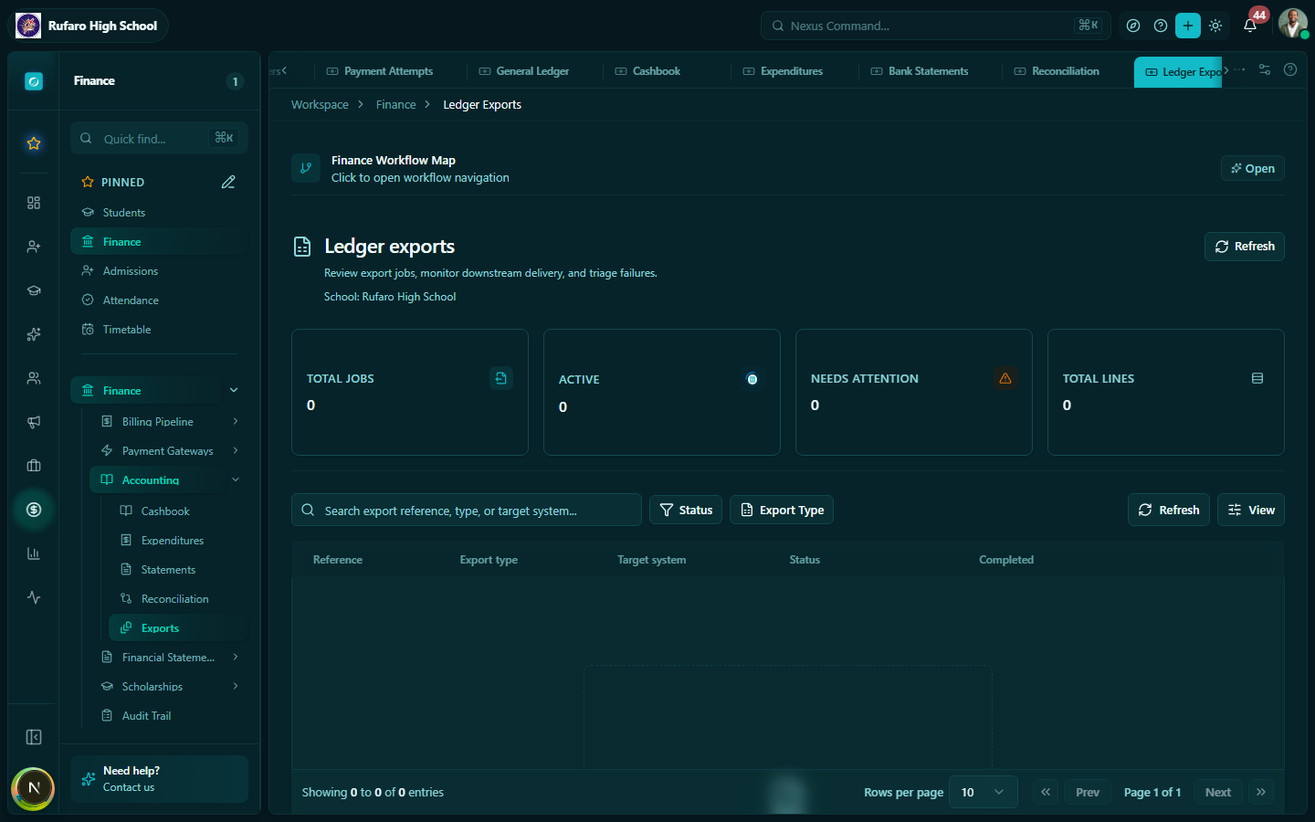 Ledger Exports page showing list of past exports with date range, format, status, and download button