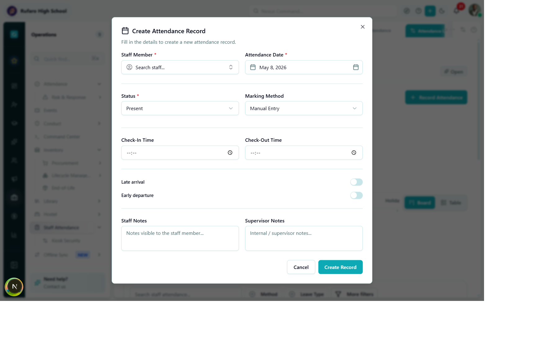 Create Attendance Record dialog showing Staff Member search, Attendance Date, Status dropdown (Present), Marking Method (Manual Entry), Check-In/Out time fields, Late arrival toggle, and notes areas