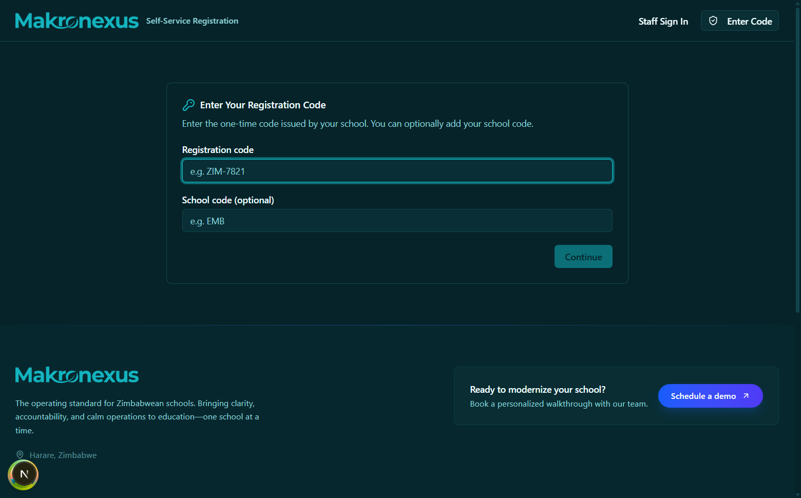 Public registration page showing the access code entry field and school name