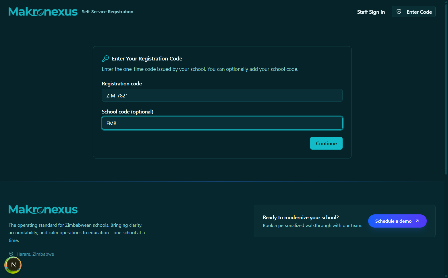 Registration form showing participant name fields, date of birth, grade level selector, and guardian section