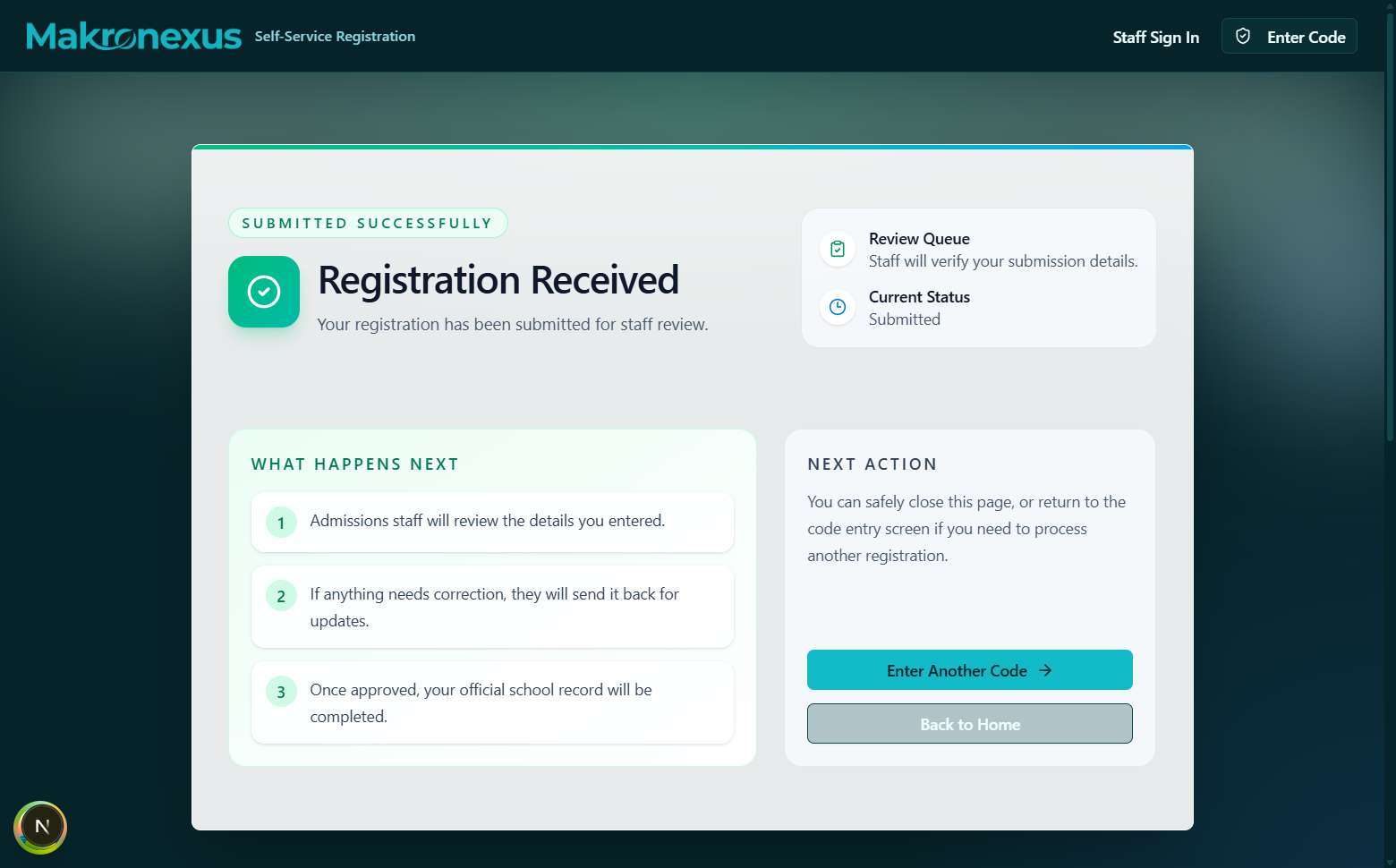 Confirmation screen showing successful submission with status message and session title