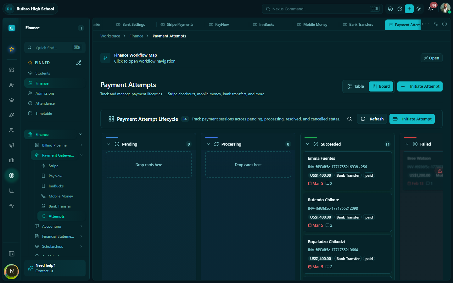 Payment Attempts page showing attempt list with gateway, amount, status badge, and timestamp