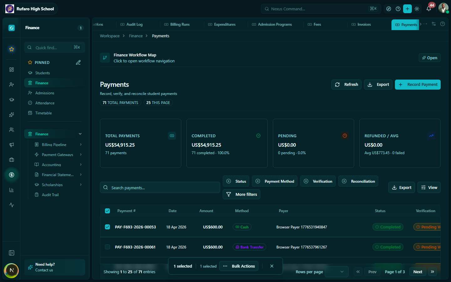 Payment detail panel showing reference, student, invoice links, method, and receipt button