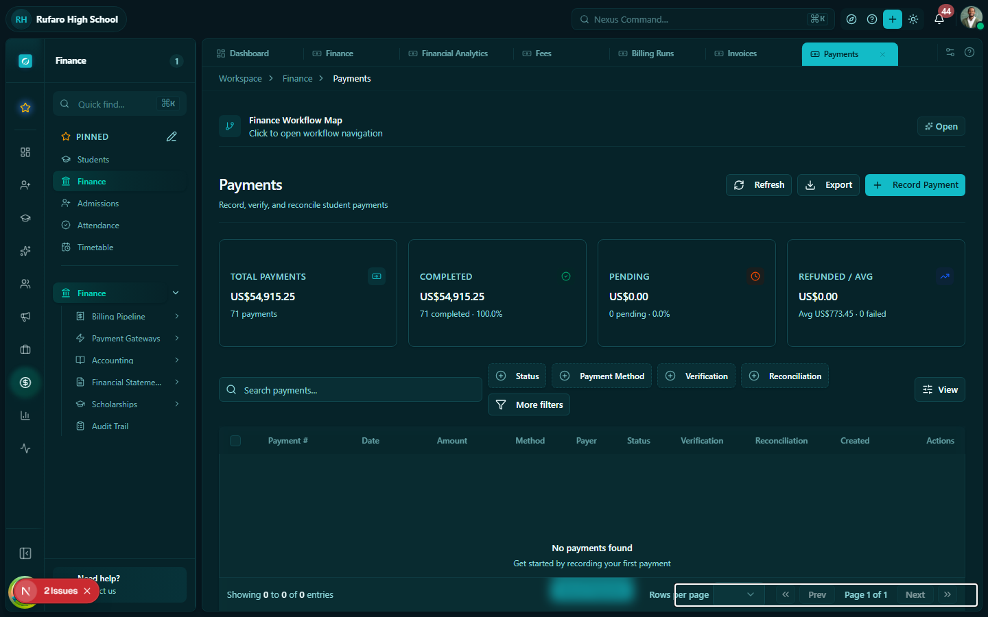 Payments page showing the list with reference, student, amount, method, date, invoice link, and status