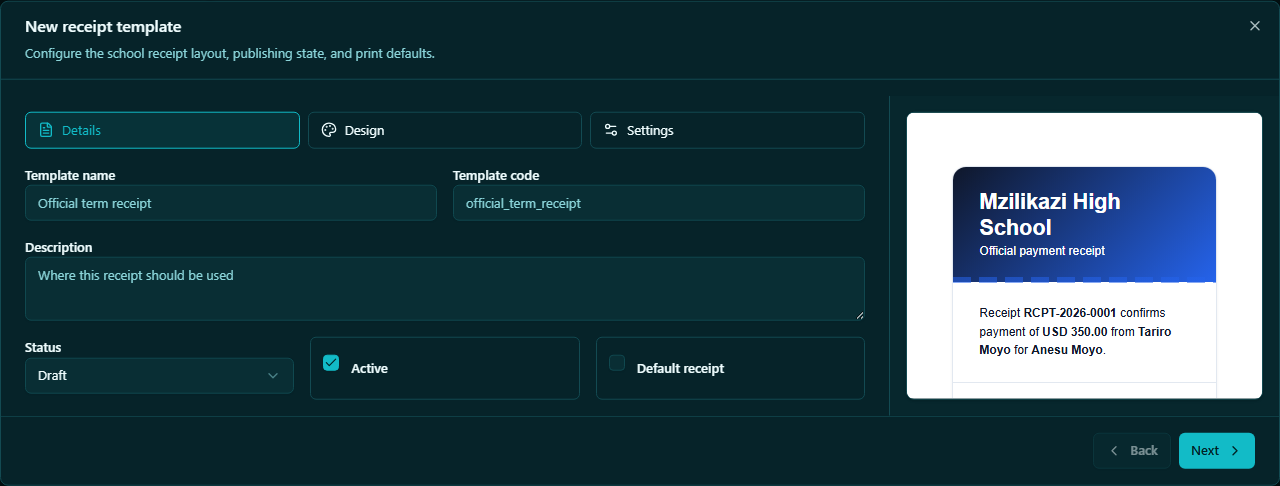 New receipt template dialog showing template name, paper size, and branding fields