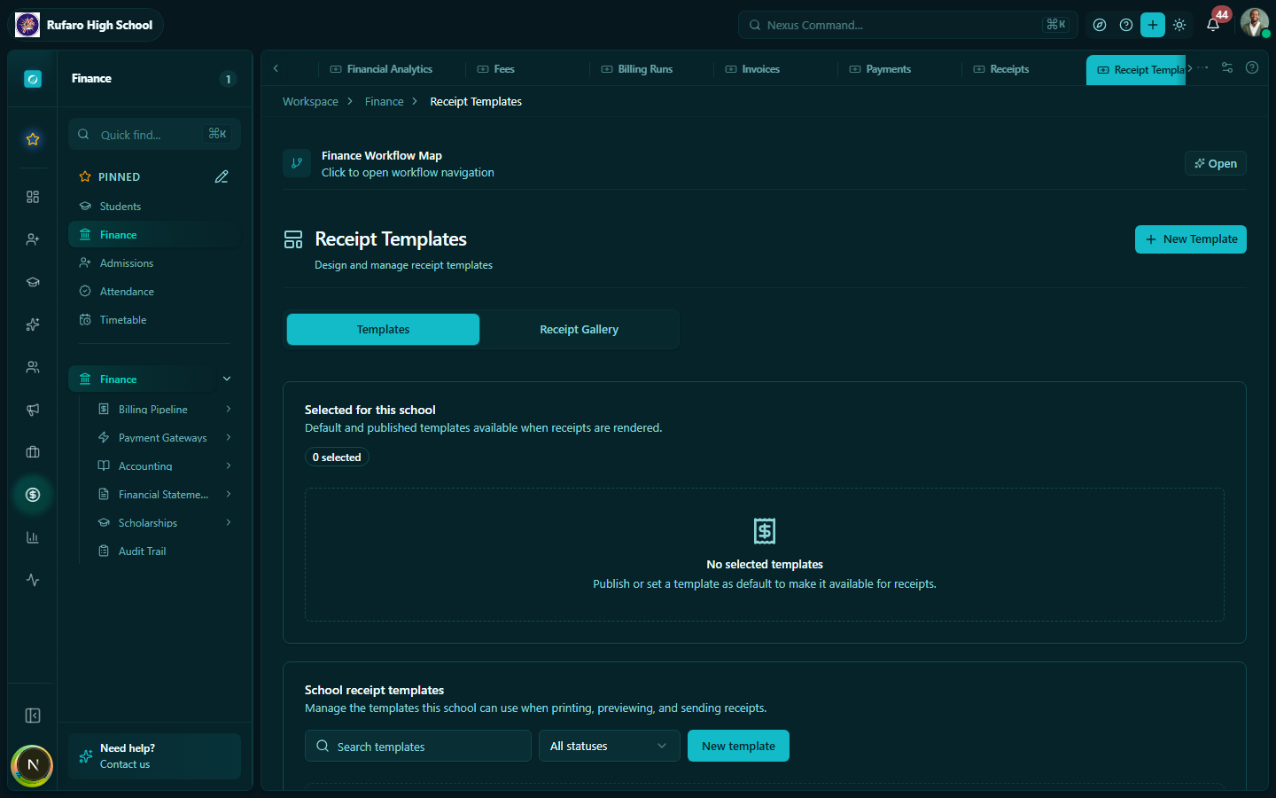 Receipt Templates page showing template list with name, status, and preview options