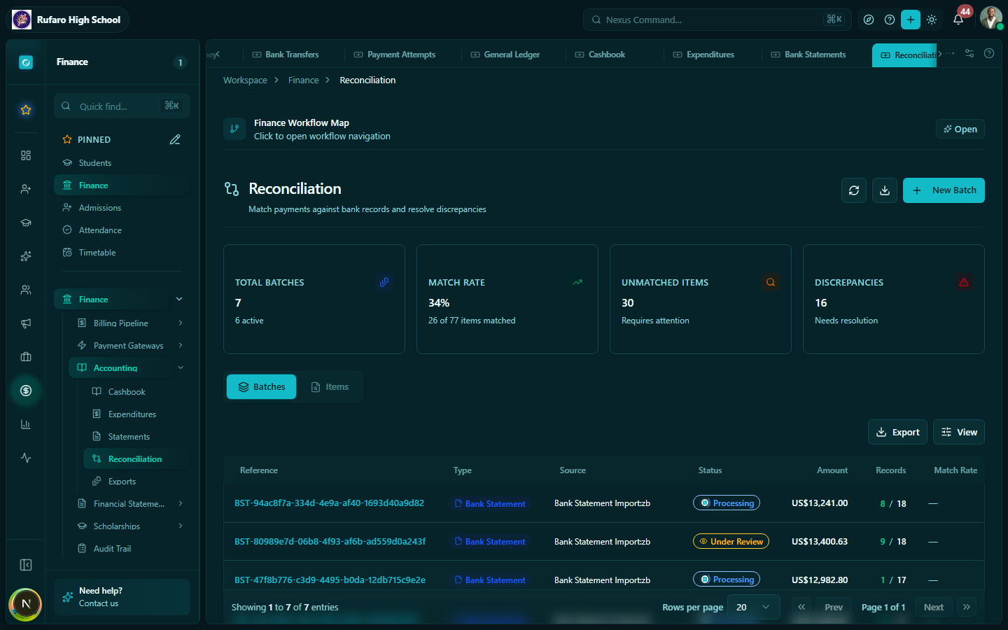 Reconciliation page comparing system balance against bank statement with outstanding items list