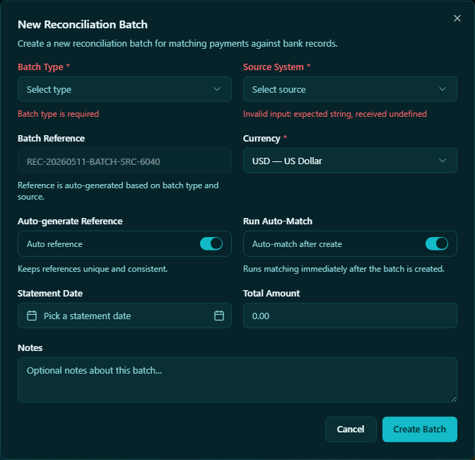 New reconciliation batch dialog showing bank account, statement date, and closing balance fields