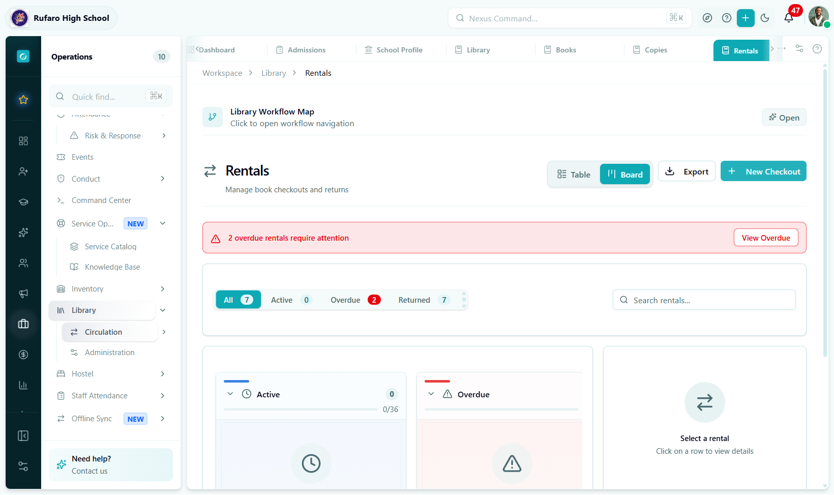 Rentals list page showing status tabs (All, Active, Overdue, Returned, Lost), a New Checkout button, and a table with columns: Book, Borrower, Checkout Date, Due Date, Status badge, Days Overdue, Fees. One overdue row is highlighted in amber.