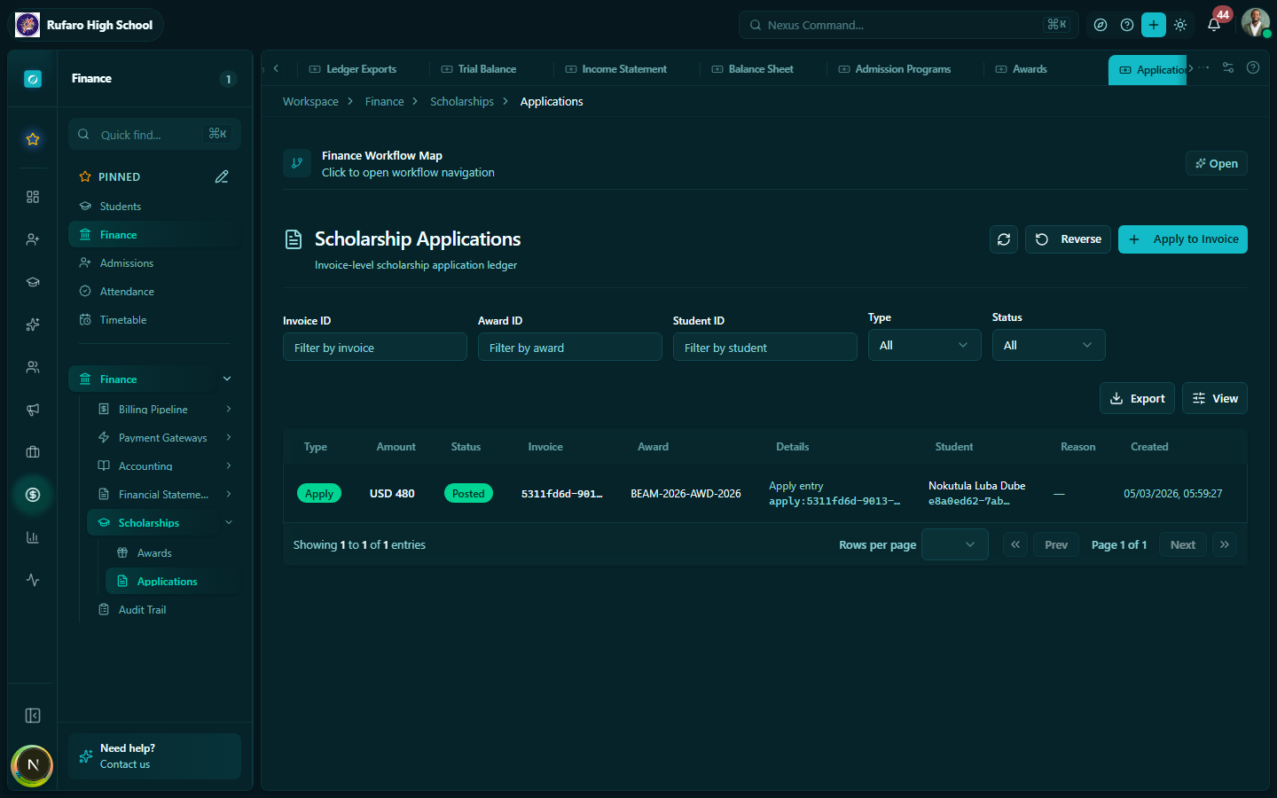 Scholarship Applications page showing applicants with program applied, submission date, and pending/approved/rejected status