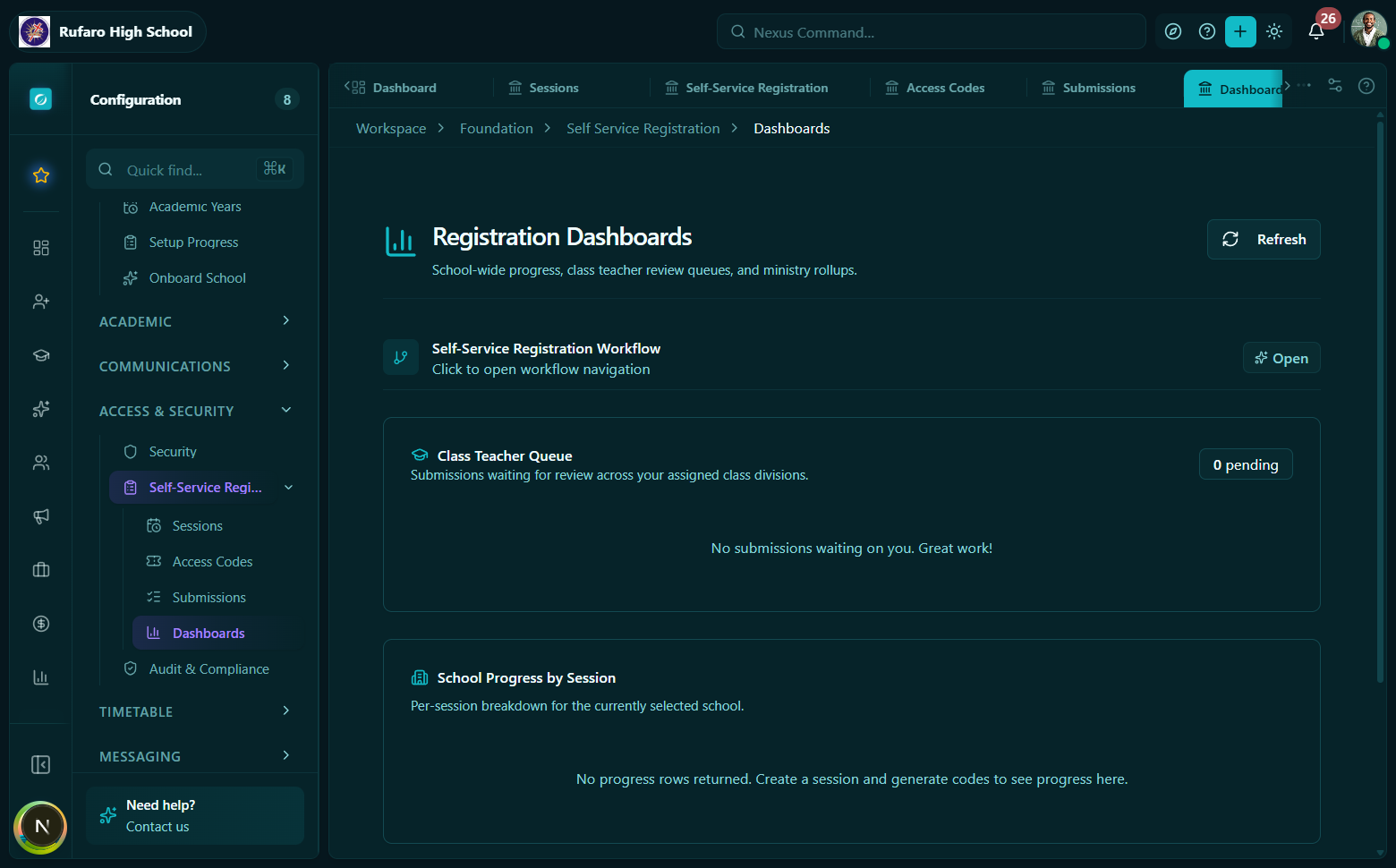 School progress dashboard showing per-class progress bars, completion percentages, and pending review counts