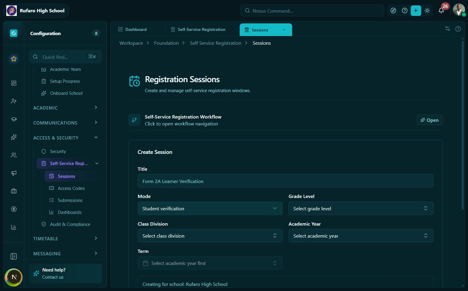 Session creation form - showing mode selector, title, school, and date fields