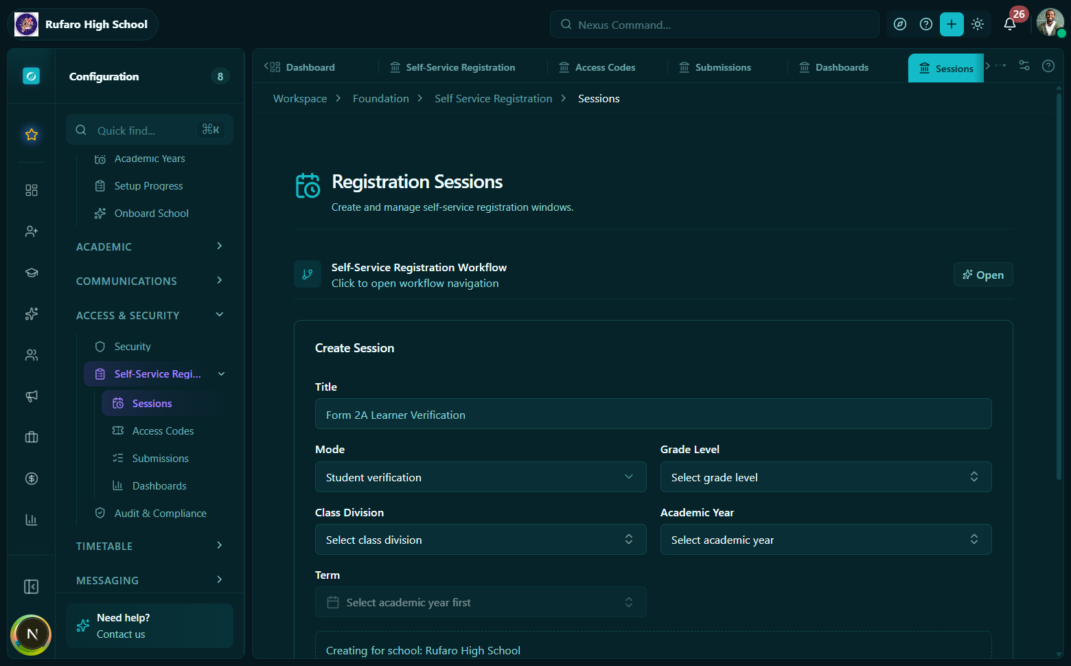 Session detail view showing status badge, transition action buttons, and progress counters