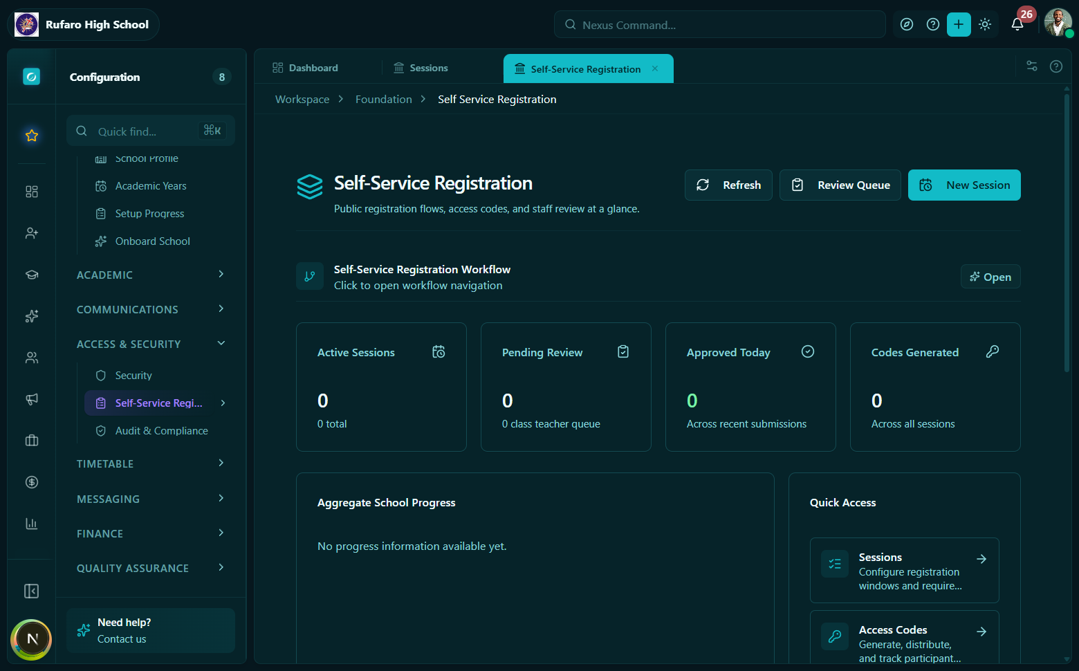 Self-Service Registration module - session list showing three open sessions with completion percentages